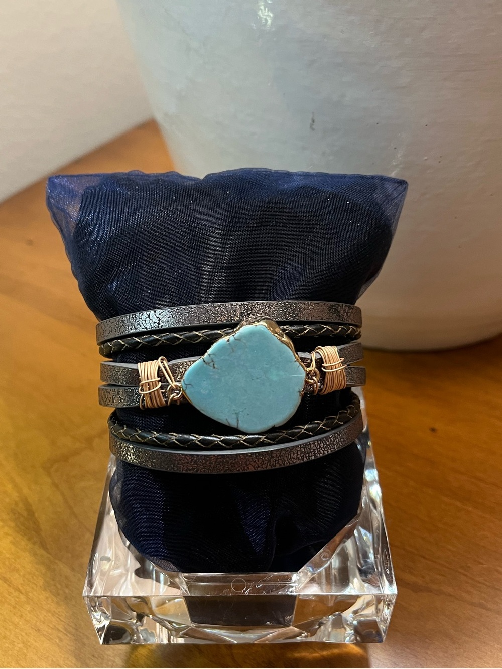 SAACHI Turquoise Stone Wrap Bracelet Black and Pewter Leather Multi-Strand Boho